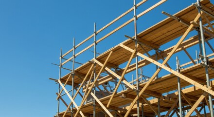 A close-up shot of a wooden scaffolding structure against a clear blue sky
