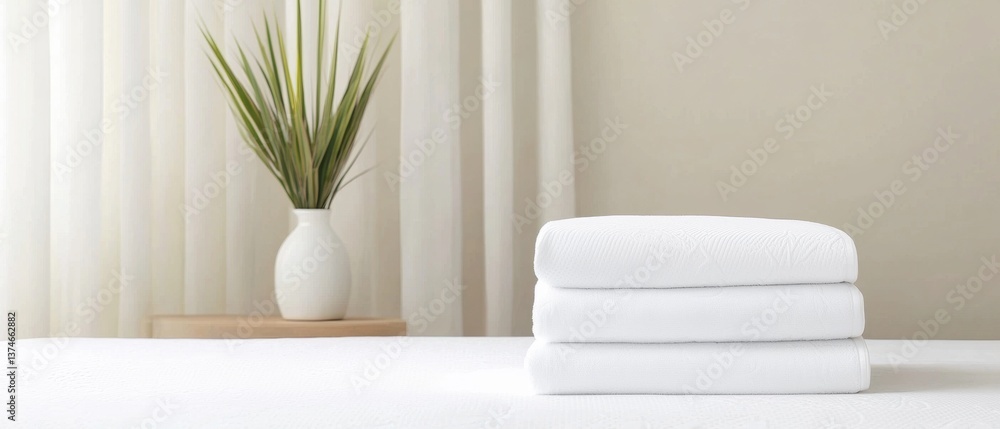 Poster stack of white folded towels on a white bed. the towels are neatly folded and stacked on top of each