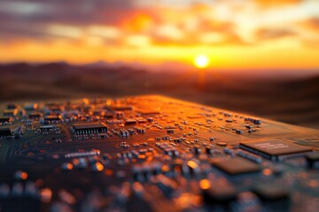 Circuit board at sunset, showcasing technological advancement against a vibrant natural backdrop.