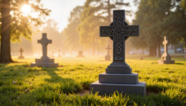 Misty cemetery at sunrise with grave markers, reflection on life