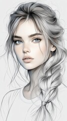 Fototapeta premium Striking character sketch of a young woman showcasing a clean hairstyle and delicate facial features, emphasizing artistic contour lines and elegant simplicity