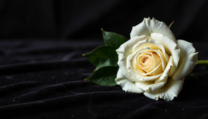 Elegant white rose on black velvet, funeral symbolism