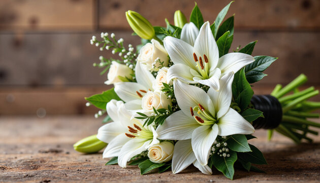 Elegant floral arrangement of white lilies and roses on wooden table, remembrance