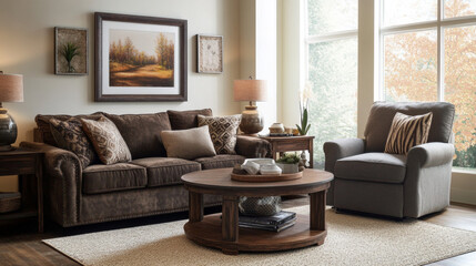 Obraz premium Interior design of cozy living room interior with mock up poster frame, brown sofa, gray armchair, wooden coffee table, beige carpet and personal accessories. Home decor. Template.