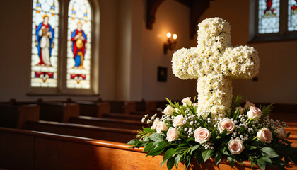 Floral cross arrangement in church with stained glass, memorial tribute