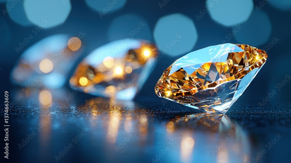 Poster a close-up of a diamond on a table with soft bokeh lighting in the background, while a blurry diamon