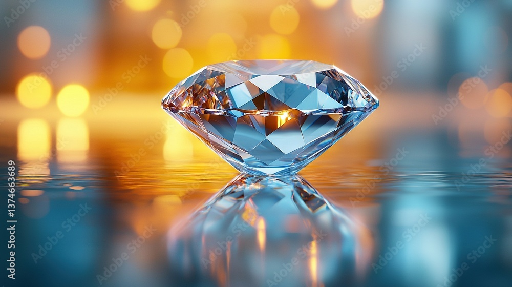 Poster a close-up diamond on a reflective surface with lights behind it and a reflection in water
