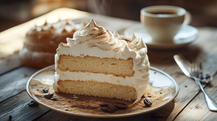 Rustic meringue cake paired with coffee on a vintage wooden table, captured in soft focus