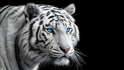 A white tiger with striking blue eyes stands out against a solid black background
