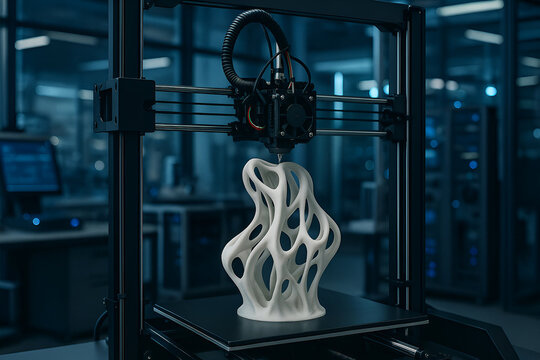 3D printer creating biomorphic sculpture in a high-tech workshop