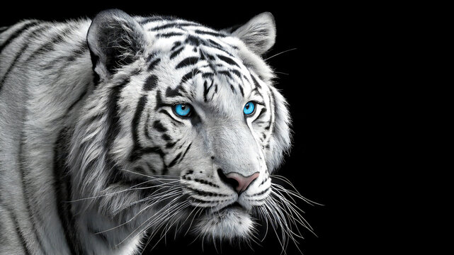 A white tiger with striking blue eyes stands out against a solid black background