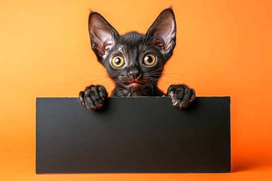 &ETH;&iexcl;ute cat peterbald hold in front paws a wireframe - large dark black avenue sign. Studio background pet. Isolated young cat on a solid clothing bright orange background. Studio pet with sign.