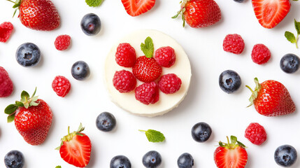 Strawberry cheesecake surrounded by fresh berries, cleanly isolated on white