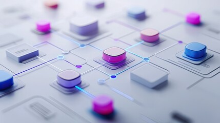 Workflow process management concept. Business automation flowchart for process improvement, hierarchy management, and business strategy executed via computer systems and digital tools.