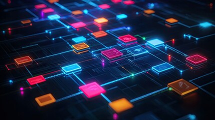 Workflow process management concept. Business automation flowchart for process improvement, hierarchy management, and business strategy executed via computer systems and digital tools.
