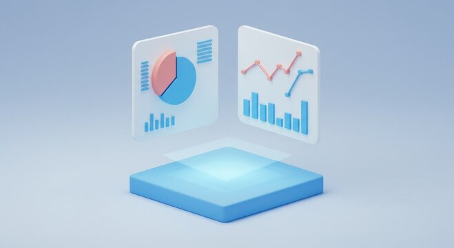 Illustration of charts and graphs floating above a blue platform on a light background