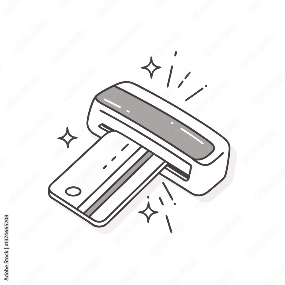 Poster credit card reader vector with inserted card and sparkles, drawn in a clean, minimal black-and-white