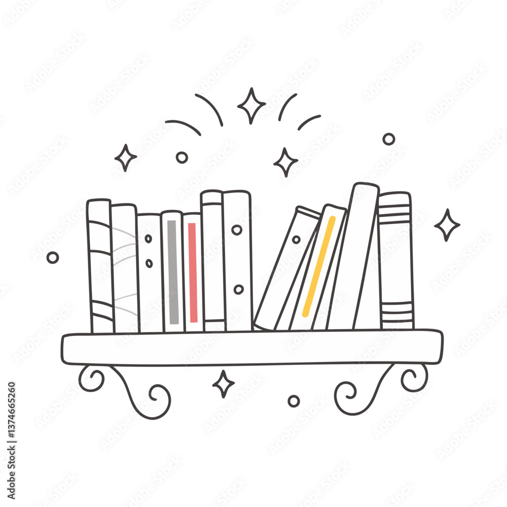 Aufkleber bookshelf with assorted books vector, accented with sparkles and minimal color, in a clean black-and