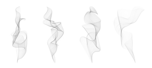 Set of realistic wavy smoke or steam from hot food and drinks. Vector design elements of smog or fog isolated on transparent background. Soft vapor effect for culinary or atmospheric visuals.
