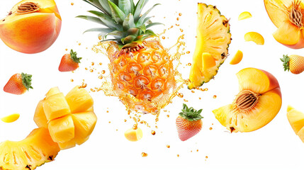 Fruits in the air on a white background