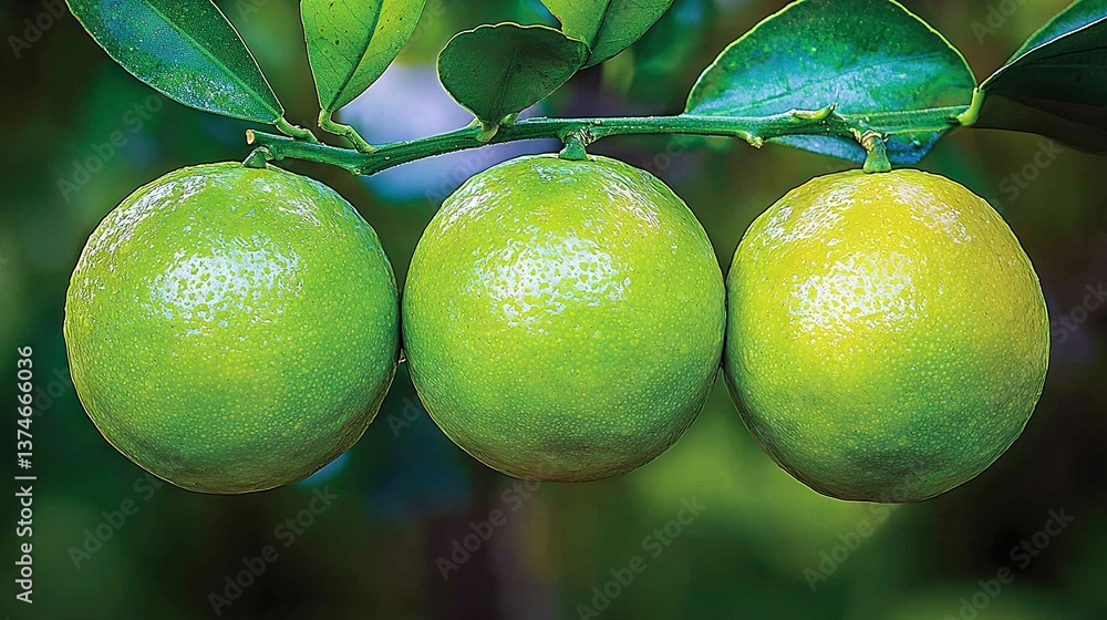 Poster three limes swaying from a leafy tree branch against a fuzzy background of verdant foliage