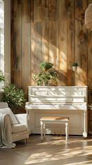 Elegant Living Room with White Piano and Indoor Plants