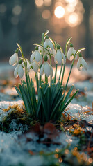 Snowdrops Blooming at Sunrise in Frosty Forest