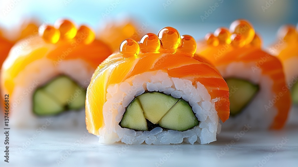 Poster a close-up of a sushi roll with cucumber at its center, surrounded by other sushis in the background