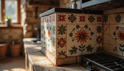 Polish ceramic tile stove corner with floral patterns, cozy winter ambiance