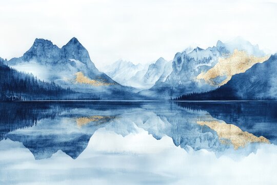 Serene watercolor landscape depicting majestic mountains reflected in a tranquil lake, adorned with subtle gold accents.