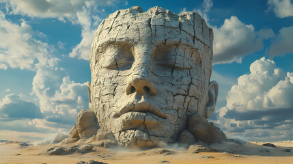 An enigmatic ancient city engulfed by sand: monumental stone faces emerge from the desert landscape's embrace. whispering stone faces. illustration. Enigmatic Stone. Illustration