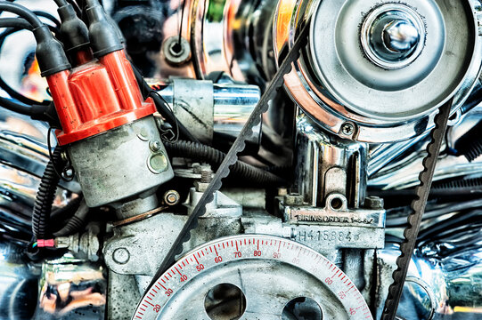 Closeup of high performance hot rod car V8 engine.