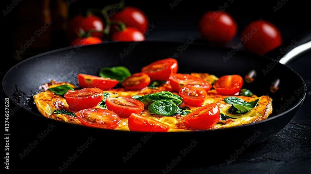 Poster an omelet with spinach and tomatoes in a skillet on a table, surrounded by tomatoes in the backgroun