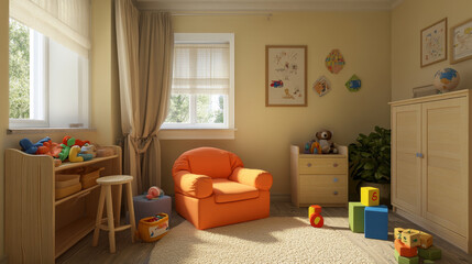 Minimalist composition of kid room interior with copy space, orange armchair, wooden sideboard, round stool, beige rug plush toys, wooden blockers ant personal accessories. Home decor. Template.