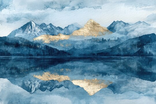 Serene watercolor landscape depicting a tranquil lake reflecting golden-accented blue mountains under a cloudy sky.