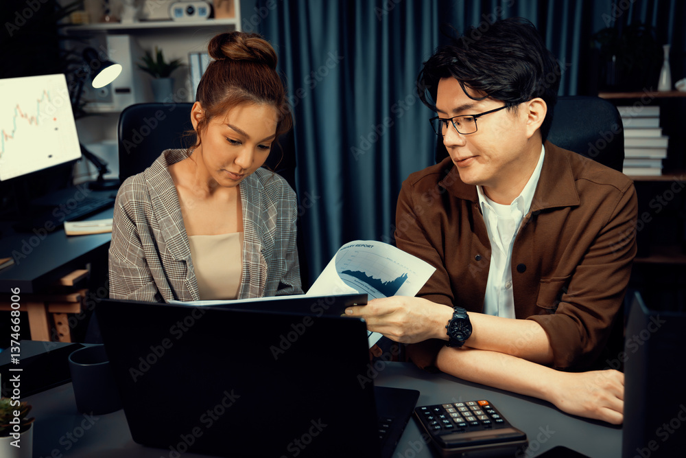 Poster two managers with stressful face discussing document paperwork file together comparing with report o