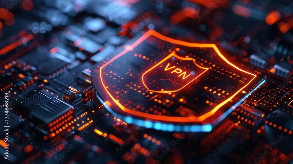 Poster virtual private network security shield on digital circuit board