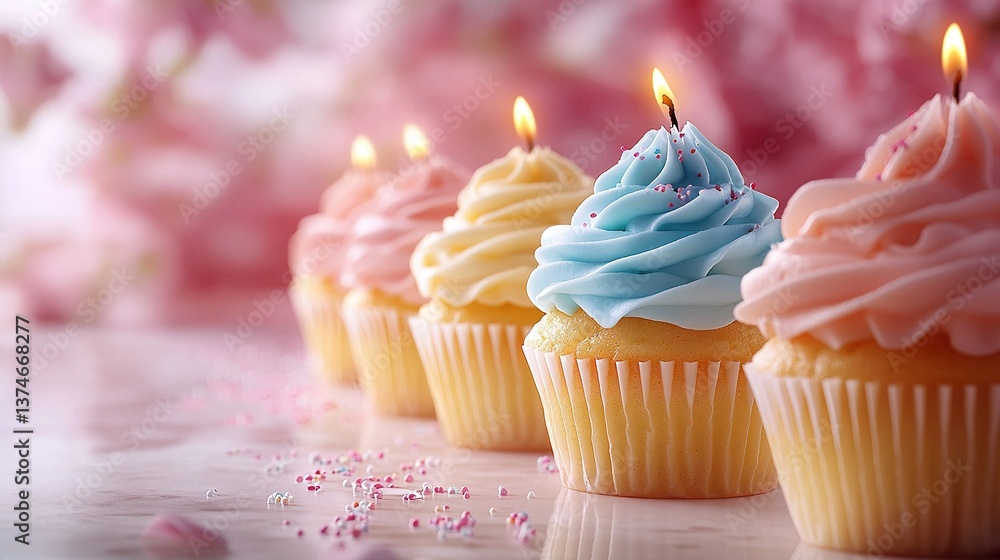 Poster a row of cupcakes with candles in the center, adorned with sprinkles on a table