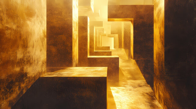Explore the enigmatic golden stone labyrinth: a striking poster for sports interiors capturing adventure in dimly lit shadows. dreamlike labyrinth passage. illustration. Enigmatic Stone. Illustration