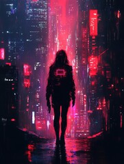 Cyberpunk woman standing alone in a rain-soaked futuristic city at night, neon lights reflecting on wet pavement.