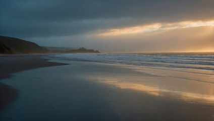 Dramatic golden light breaking through storm clouds over a sandy beach