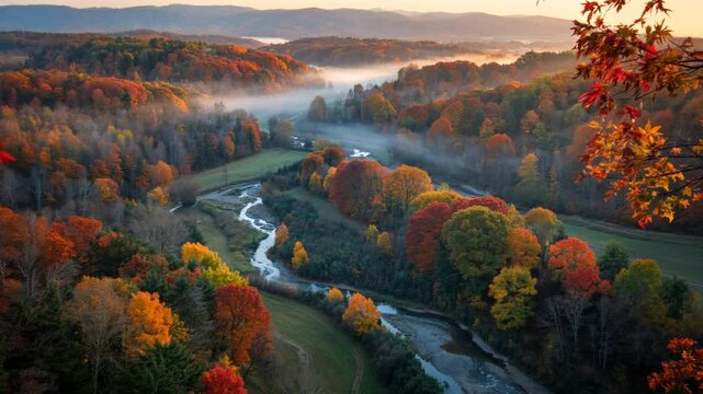 Vibrant autumn forest valley with winding river and morning mist against rolling hills