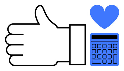 Large thumbs-up hand and blue heart beside calculator representing positive feedback, financial trust, and love for accuracy. Ideal for finance, approvals, trust, business efficiency, customer