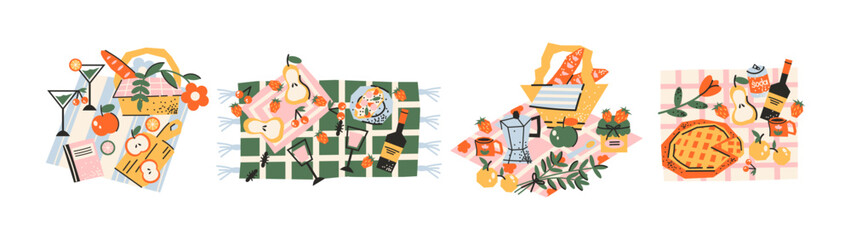  Picnic with food compositions in retro cartoon style. Sandwiches, fruits, drinks, picnic basket, cheese, cookies, outdoor tableware — delicious outdoor feast in trendy retro stickers