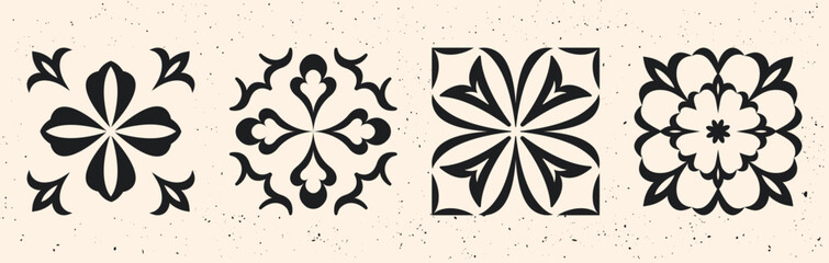  Collection of 4 seamless black and white tile patterns with floral and geometric elements. Classic tile design. Tradition mediterranean style. Portuguese and Spanish decor. Islamic, Arabic, Indian.