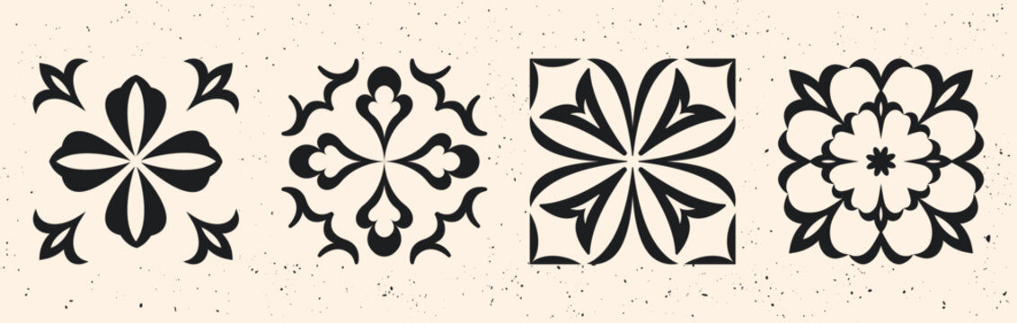  Collection of 4 seamless black and white tile patterns with floral and geometric elements. Classic tile design. Tradition mediterranean style. Portuguese and Spanish decor. Islamic, Arabic, Indian.