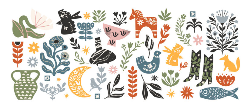 Fototapeta Set Scandinavian stickers, hand drawn vector illustrations with birds, patterns, plants and vases in minimalistic cartoon retro style. Cozy shapes, trendy elements