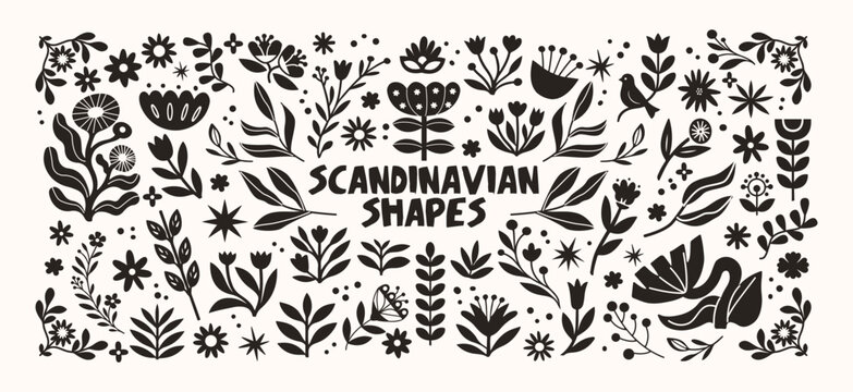 Fototapeta Scandinavian plants wood folk shapes with plants and forest elements. Ethnic folk stickers in nordic style. Boho silhouettes and floral patterns, doodle Scandinavian leaf folk textile pattern
