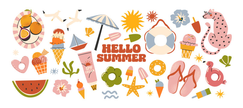 Cartoon summer stickers in retro 90s style. Summer party, vacation, beach season, shore, sun, swimwear. Bright groovy funky summer elements and shapes. Sticker pack of patches, labels, stamps