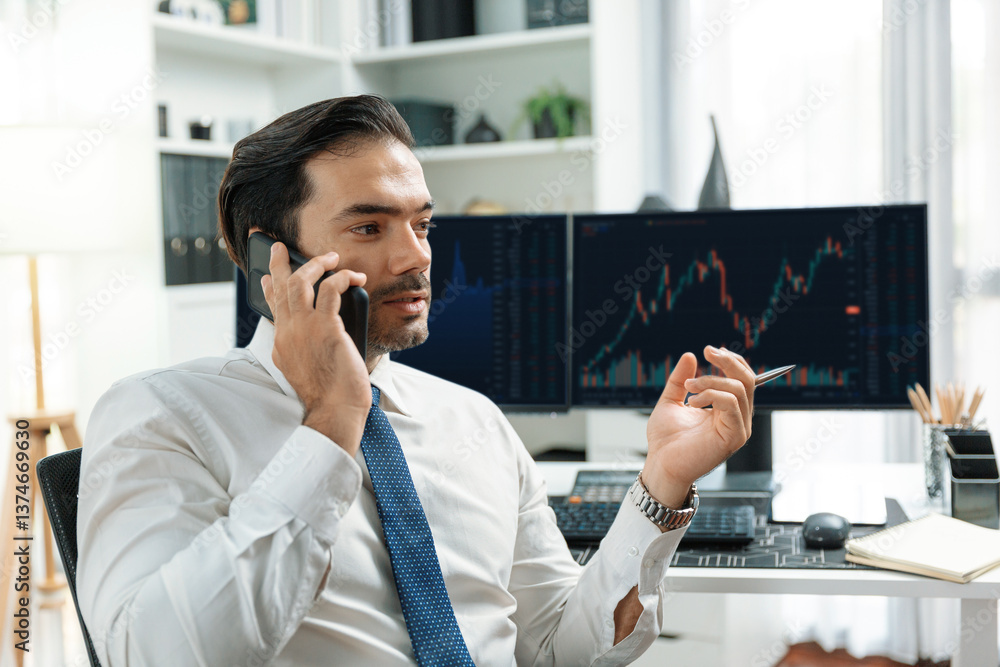 Poster trader businessman calling to consultant or partner with two stock exchange investment, compare data